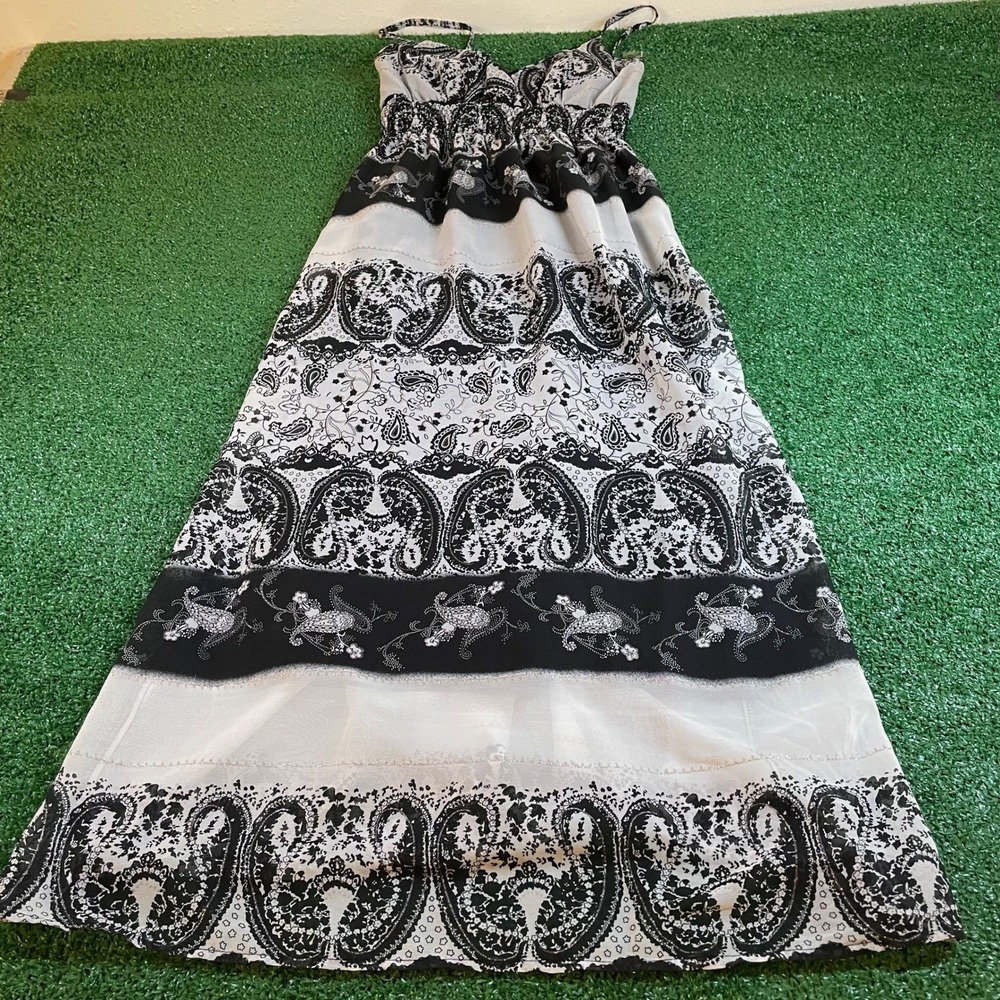 She Scool Paisley Maxi Dress Womens Small Black‎ White Smocked Waist